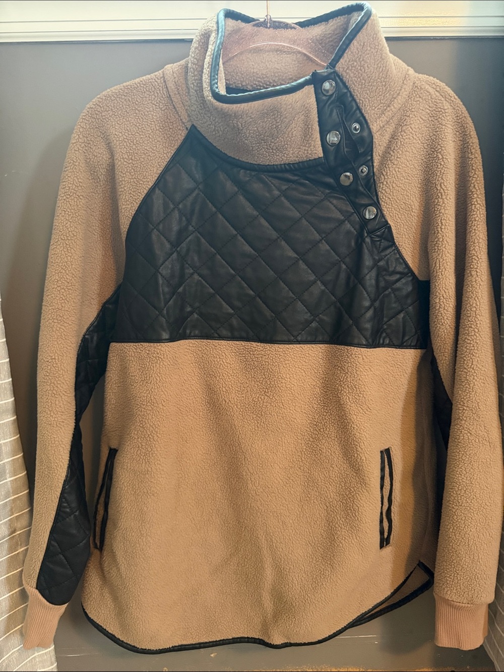Abercrombie & Fitch Tan Fleece Pullover with Black Quilted Accents